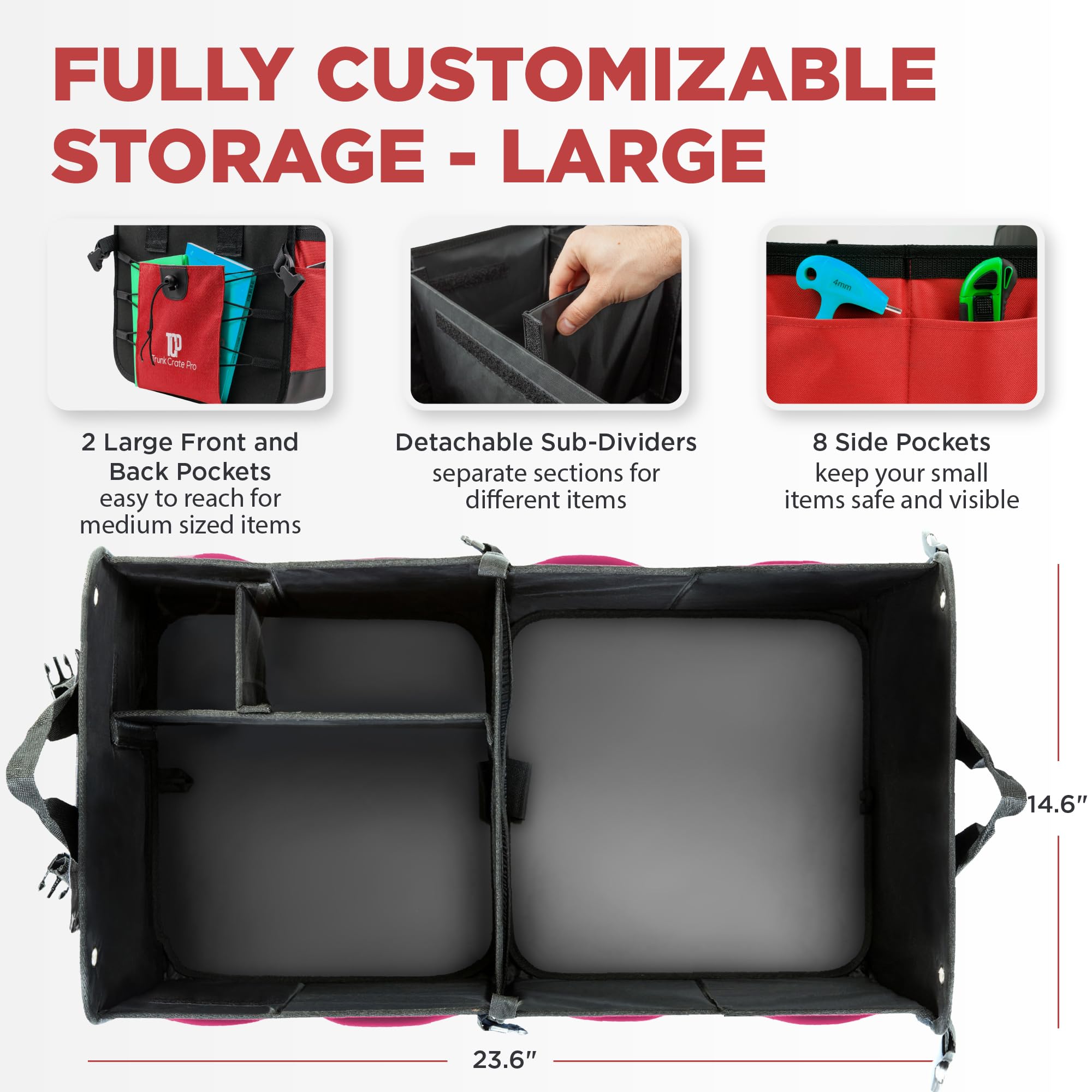 TRUNKCRATEPRO Red Car Accessories Trunk Organizer For Car, Suv Premium Multi Compartments Collapsible Portable Car Organizer For Women W 2 Adjustable straps, non-skid bottom (Large Capacity)