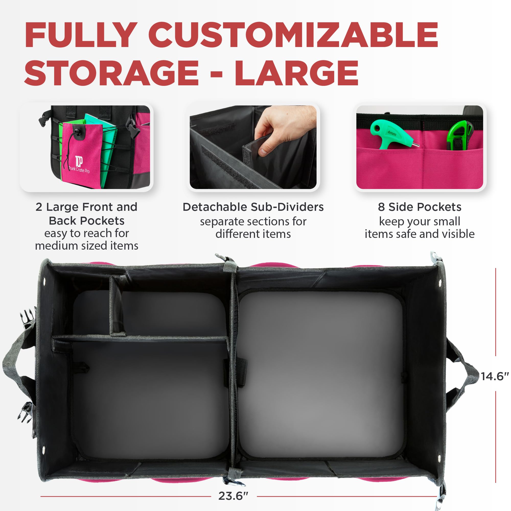 TRUNKCRATEPRO Pink SUV and Jeep Trunk Organizer - Premium Adjustable Multi-Compartment Collapsible Car Storage (Large Capacity)