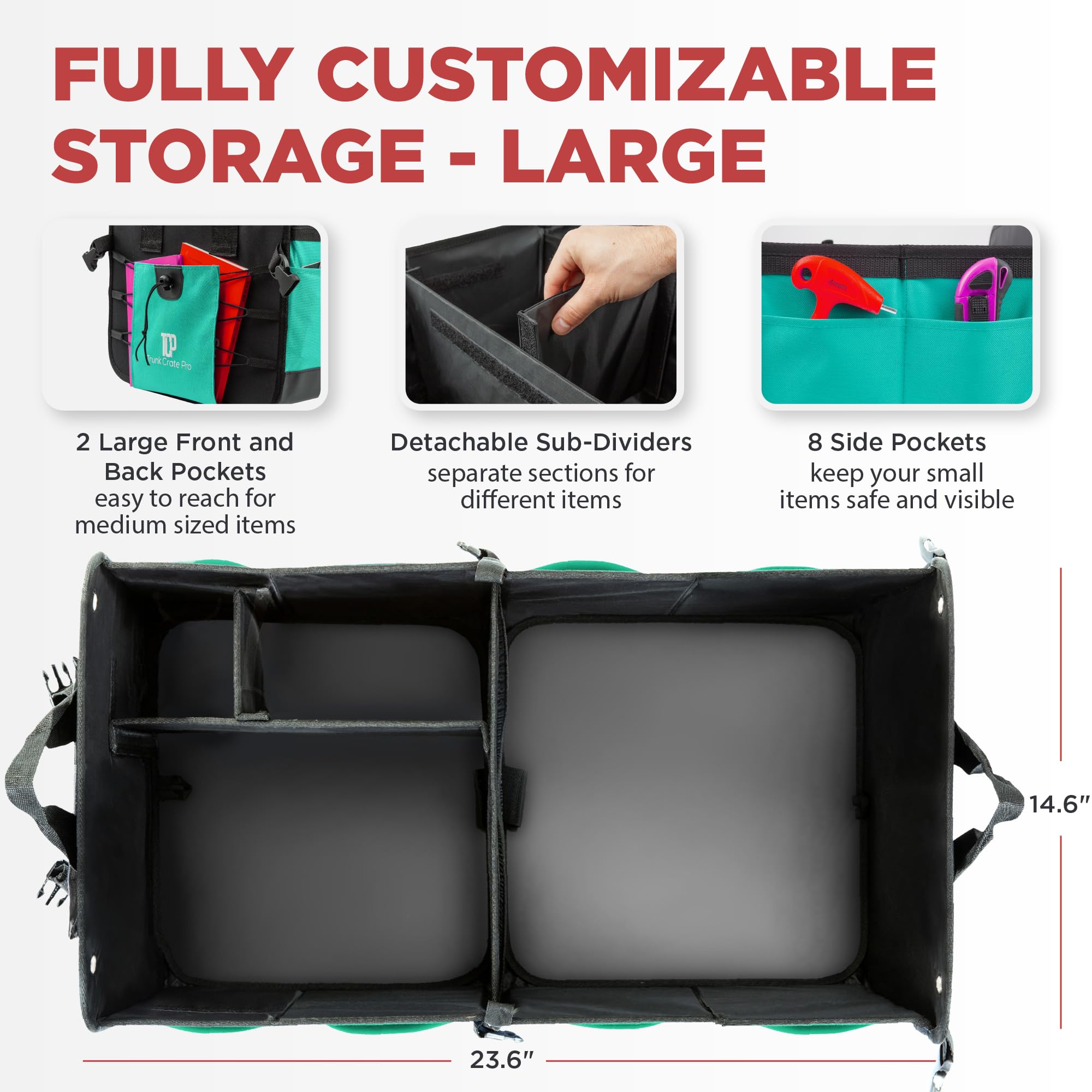 TRUNKCRATEPRO Teal Car Accessories Trunk Organizer Premium Multi Movable Compartments Collapsible car organizer, trunk organizer for Car, Suv, Automotive, gifts (Large Capacity)