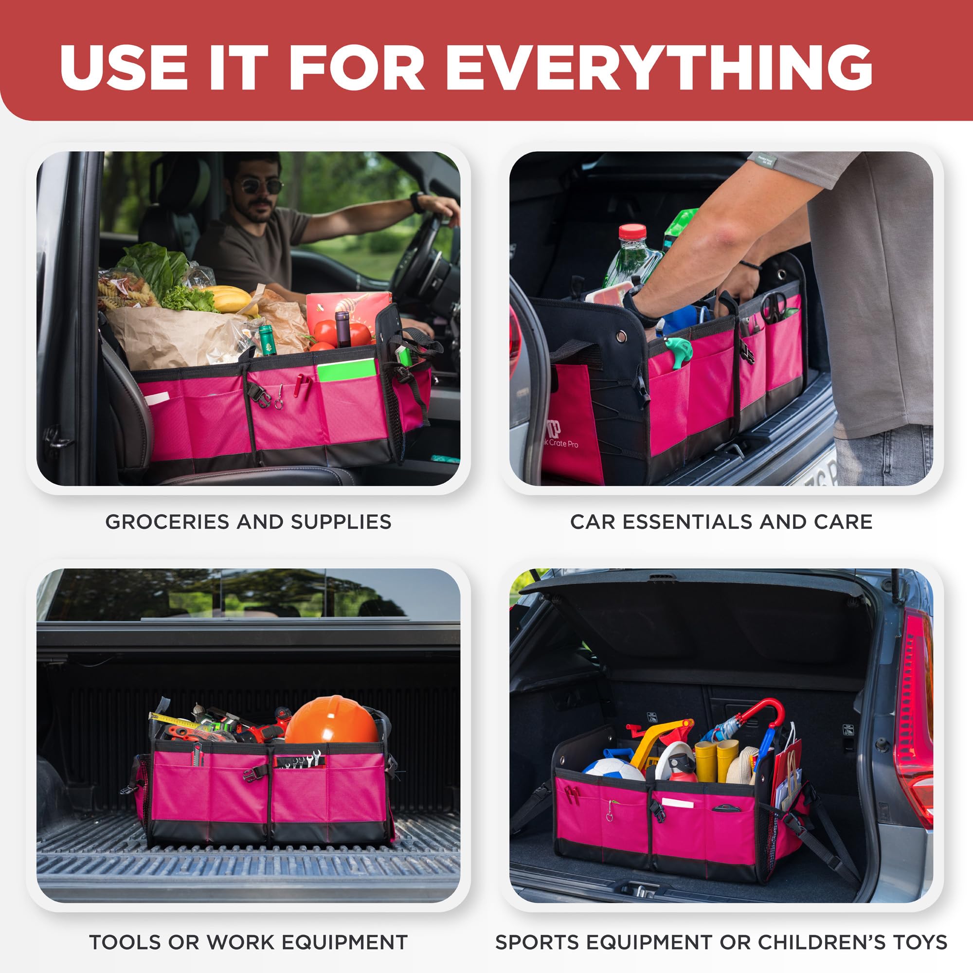 TRUNKCRATEPRO Pink SUV and Jeep Trunk Organizer - Premium Adjustable Multi-Compartment Collapsible Car Storage (Large Capacity)