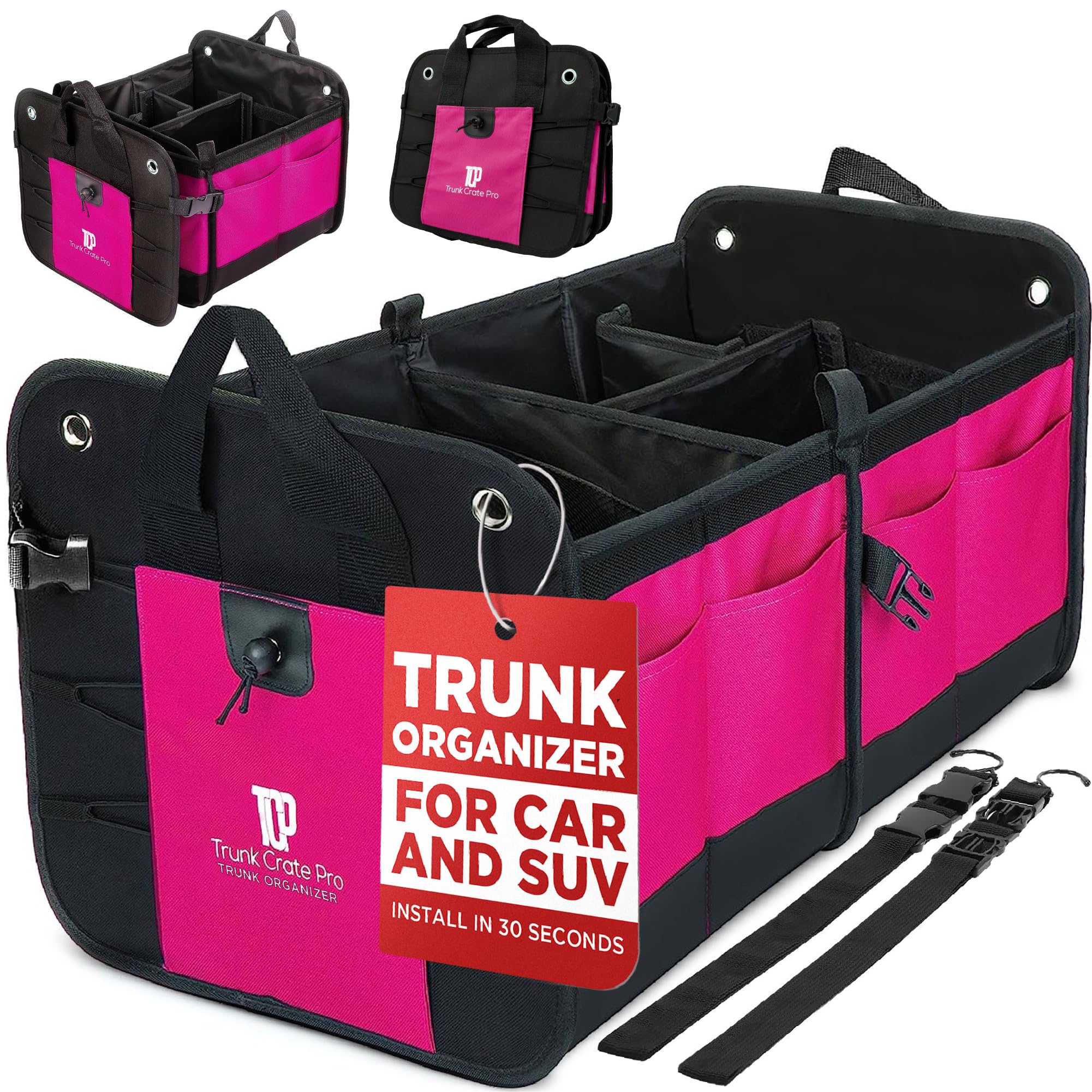 TRUNKCRATEPRO Pink SUV and Jeep Trunk Organizer - Premium Adjustable Multi-Compartment Collapsible Car Storage (Large Capacity)