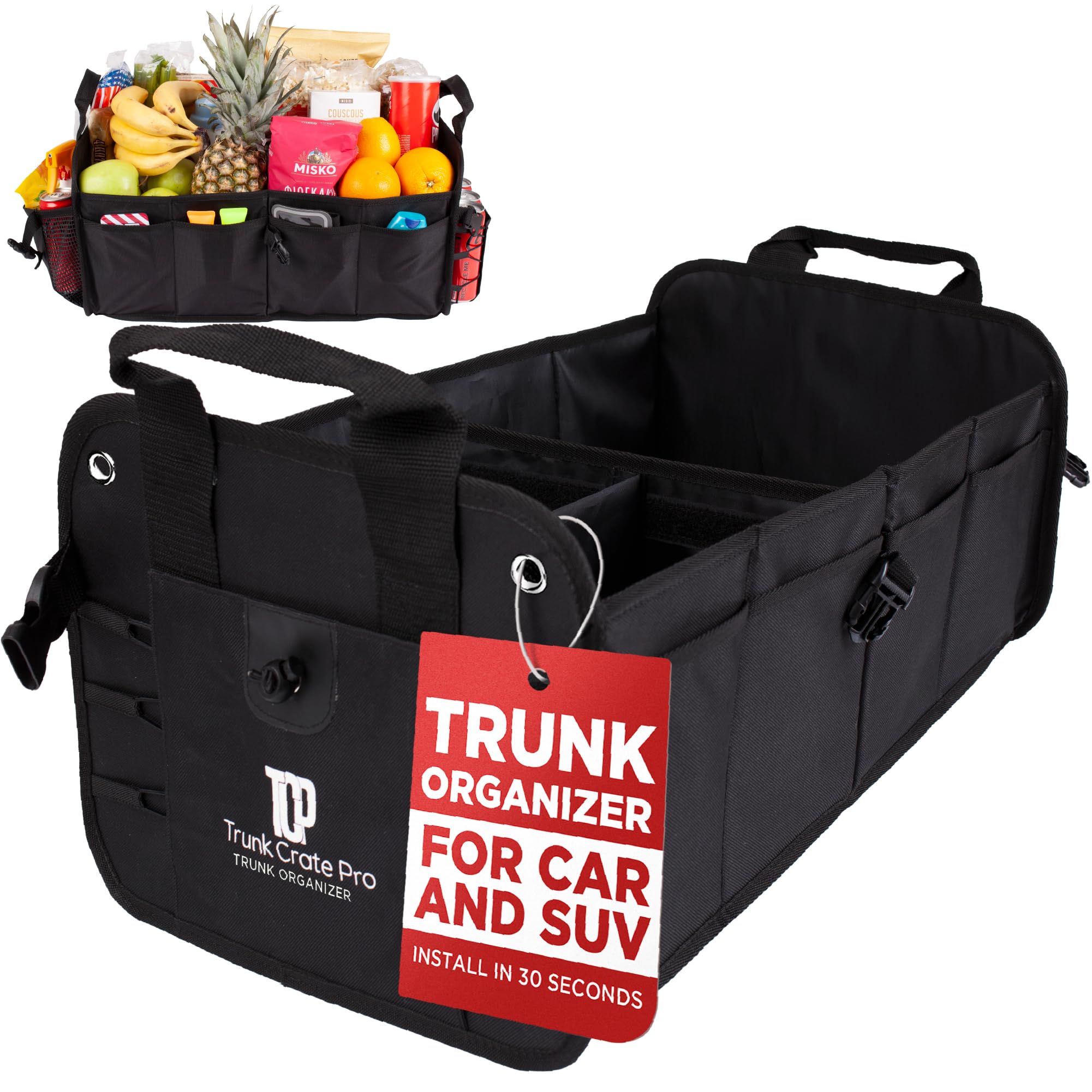 TRUNKCRATEPRO Car Organizers and Storage Premium Adjustable Multi Compartments Car Storage Organizer | Portable and Foldable SUV Trunk Organizer for Car (Standard size, black)