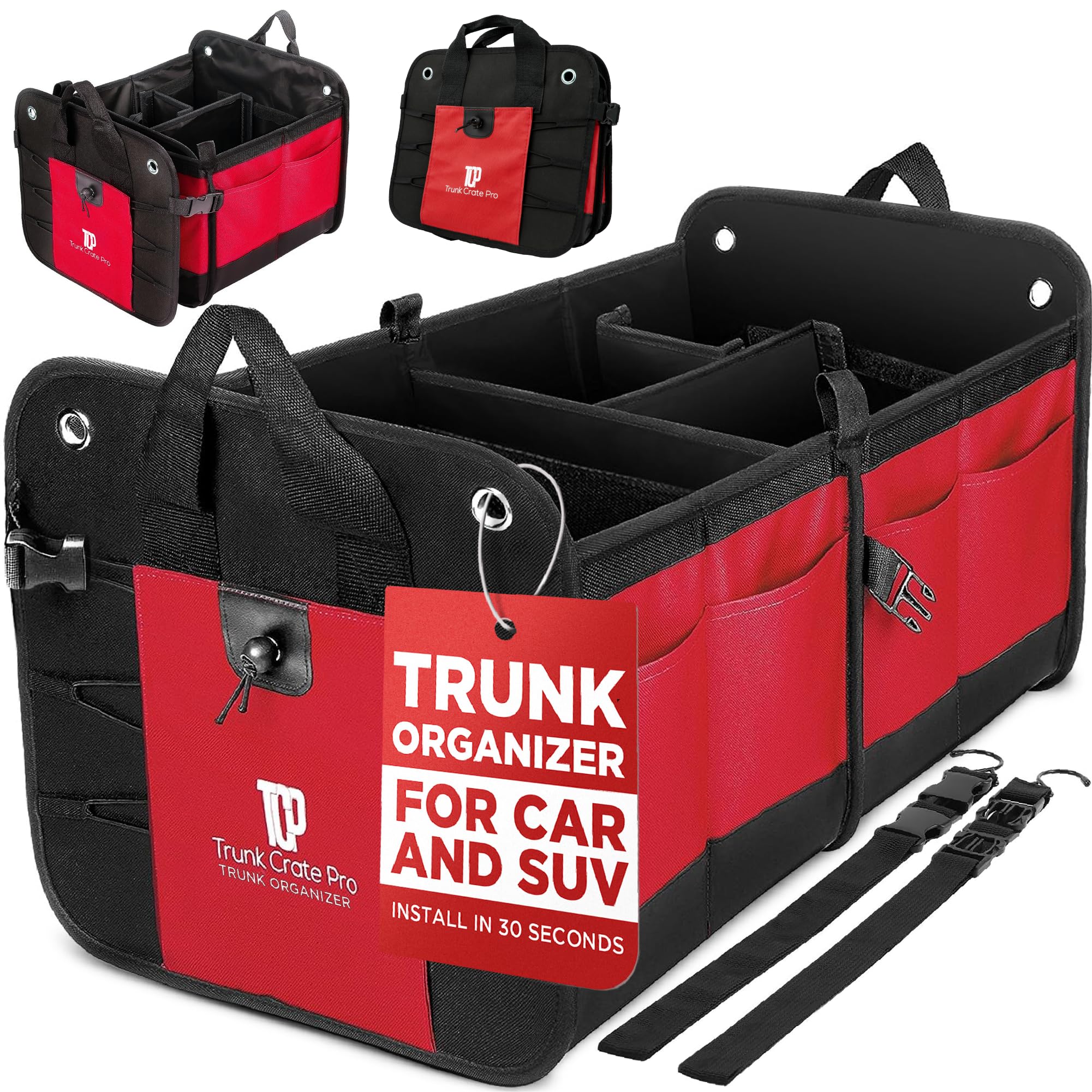 TRUNKCRATEPRO Red Car Accessories Trunk Organizer For Car, Suv Premium Multi Compartments Collapsible Portable Car Organizer For Women W 2 Adjustable straps, non-skid bottom (Large Capacity)