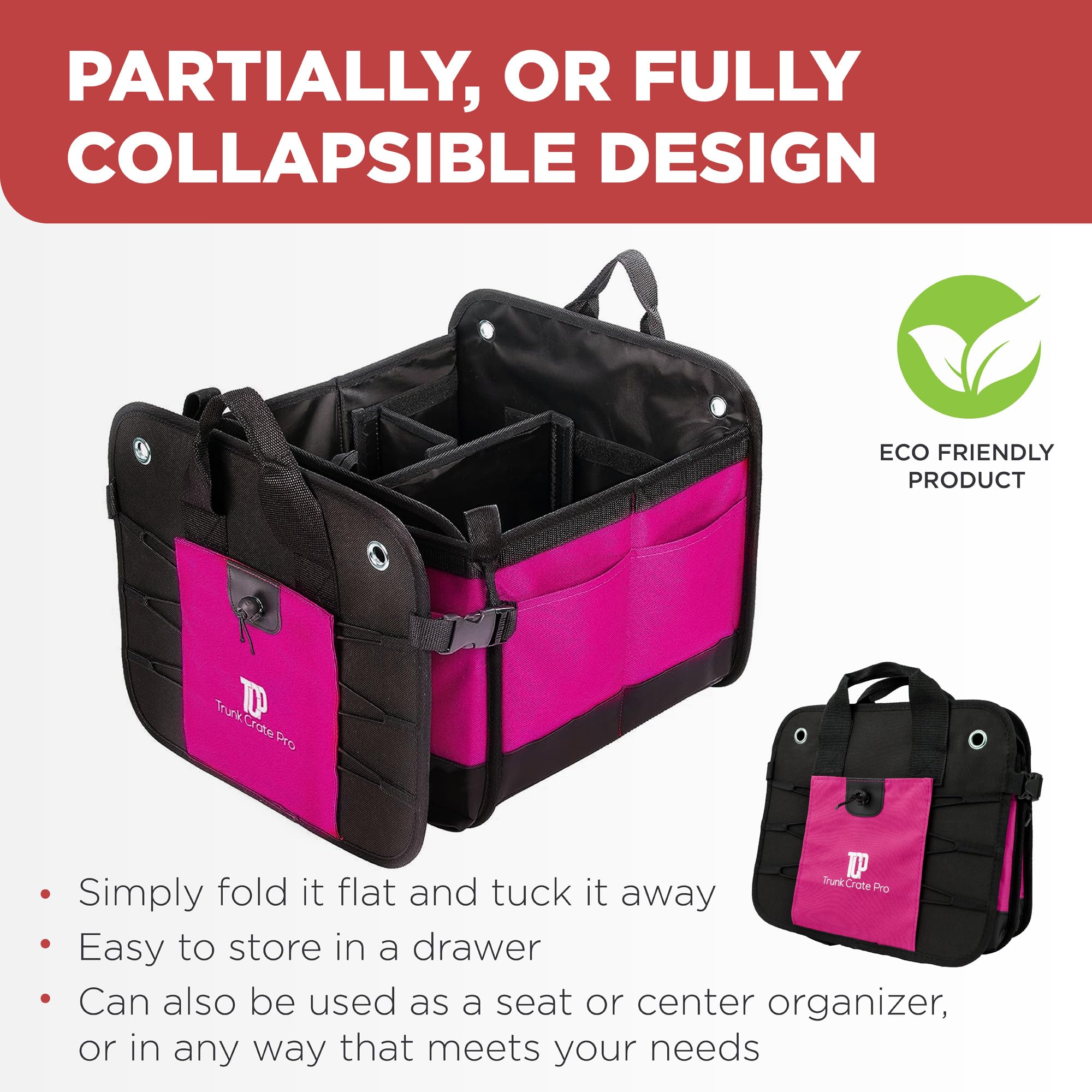 TRUNKCRATEPRO Pink SUV and Jeep Trunk Organizer - Premium Adjustable Multi-Compartment Collapsible Car Storage (Large Capacity)