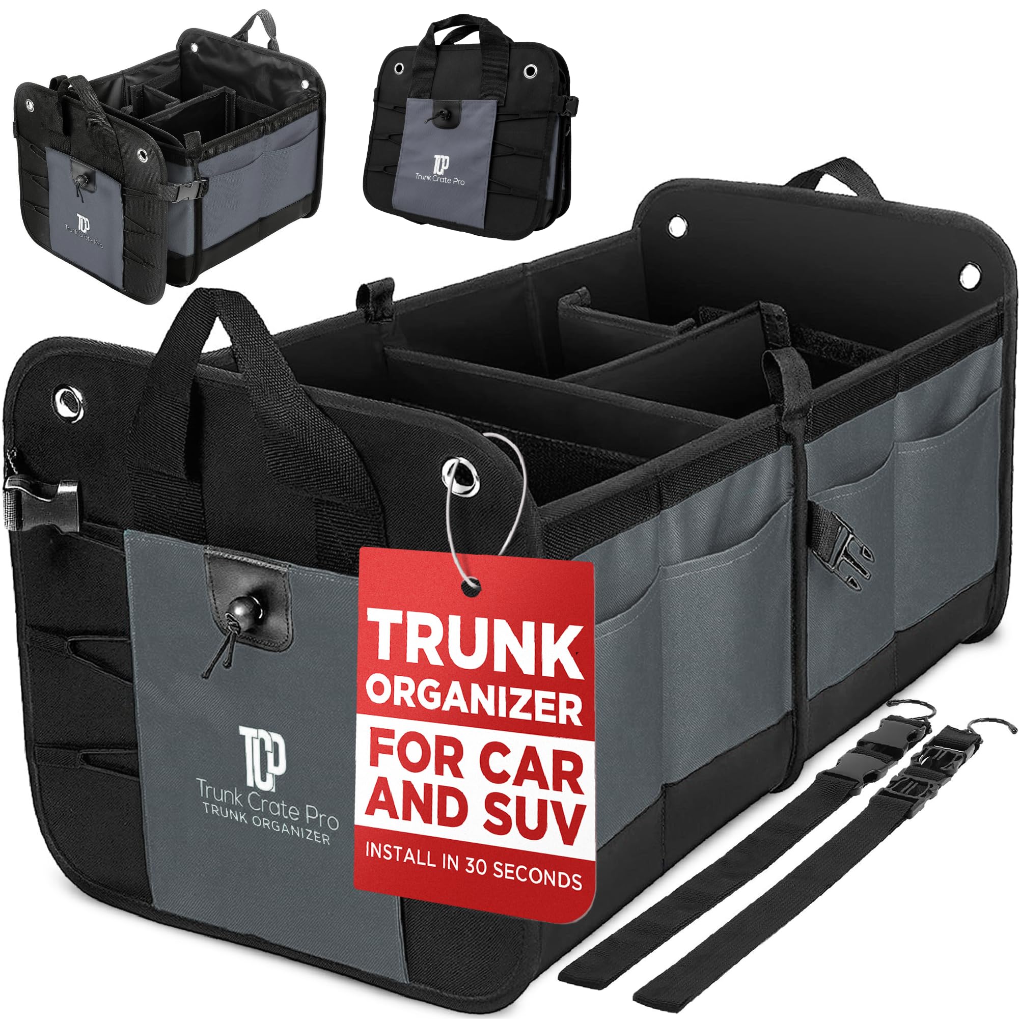 TRUNKCRATEPRO Car Storage Organizer, Gray Car Organizer, Trunk Organizer For Car, Suv, Truck, Premium Multi Adjustable Compartments Collapsible car trunk organizers (Large Capacity)