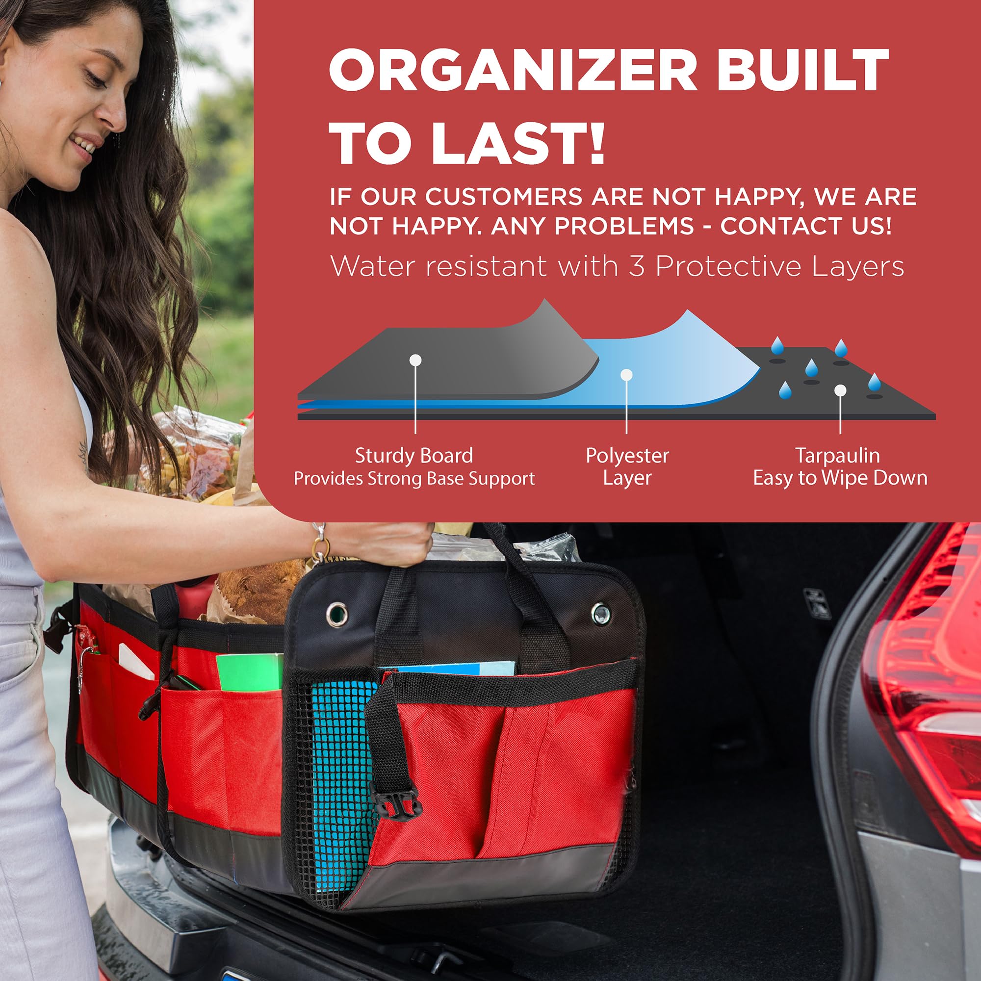 TRUNKCRATEPRO Red Car Accessories Trunk Organizer For Car, Suv Premium Multi Compartments Collapsible Portable Car Organizer For Women W 2 Adjustable straps, non-skid bottom (Large Capacity)