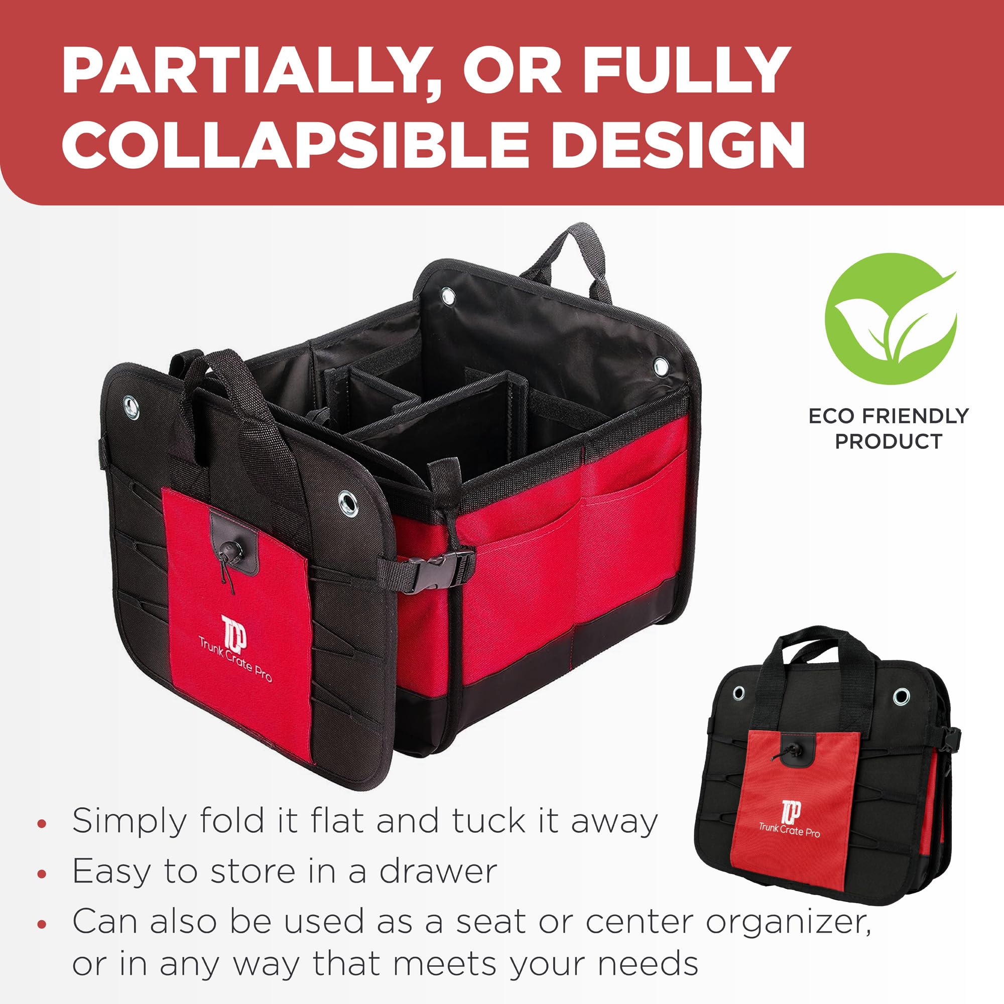 TRUNKCRATEPRO Red Car Accessories Trunk Organizer For Car, Suv Premium Multi Compartments Collapsible Portable Car Organizer For Women W 2 Adjustable straps, non-skid bottom (Large Capacity)